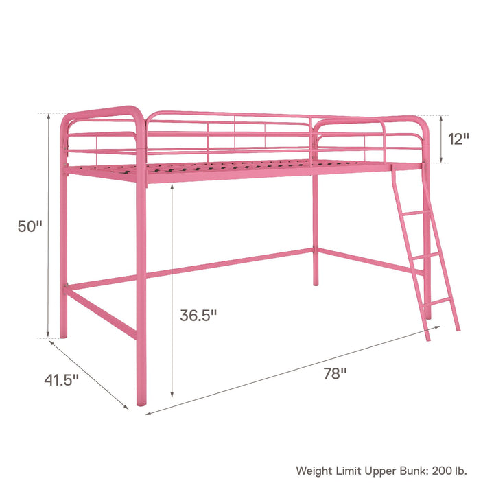 Jett Junior Loft Bed with Metal Frame and Built-In Ladder - Pink - Twin