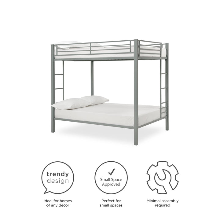 Full over Full Bunk Bed with Sturdy Metal Frame and Simple Design - Silver - Full-Over-Full