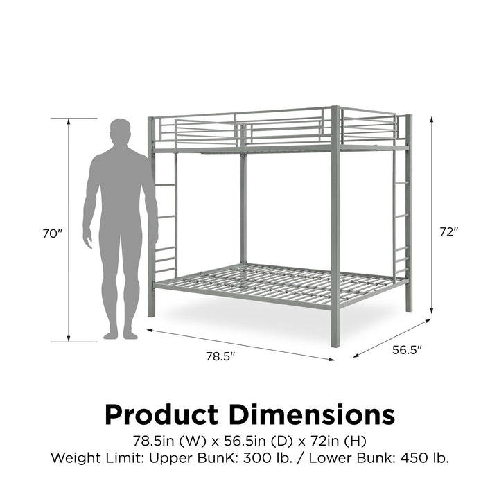 Full over Full Bunk Bed with Sturdy Metal Frame and Simple Design - Silver - Full-Over-Full