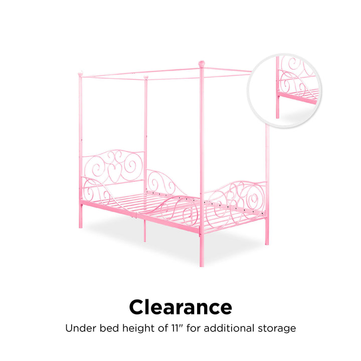 Canopy Metal Bed Frame with Intricate Design Headboard and Secured Slats - Pink - Twin