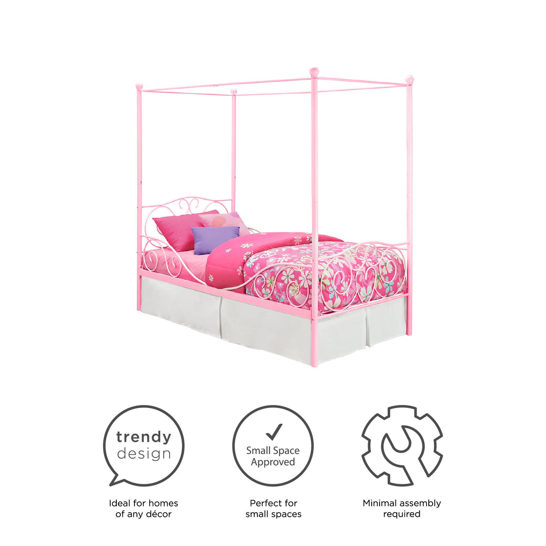 Canopy Metal Bed Frame with Intricate Design Headboard and Secured Slats - Pink - Twin