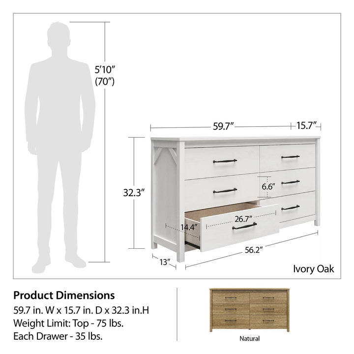 Augusta 6 Drawer Wide Dresser with Easy SwitchLock™ Assembly - Ivory Oak