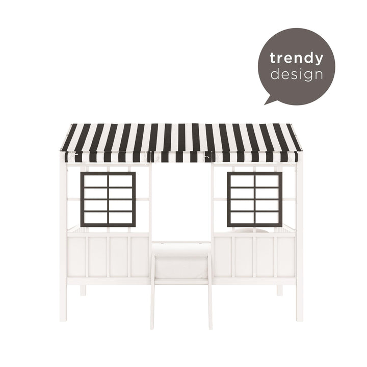 Rowan Valley Forest Metal Loft Bed with a Fixed Ladder and Fabric Curtains - White/Black - Twin