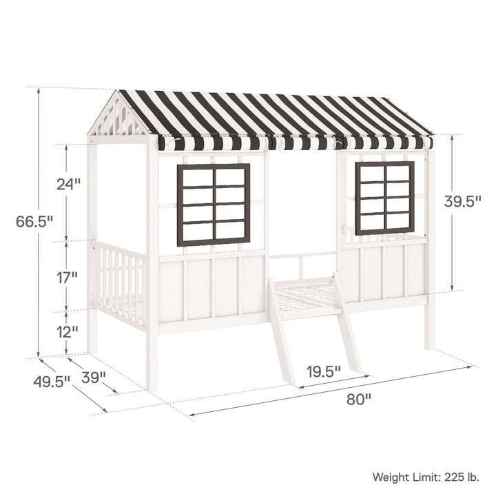 Rowan Valley Forest Metal Loft Bed with a Fixed Ladder and Fabric Curtains - White/Black - Twin