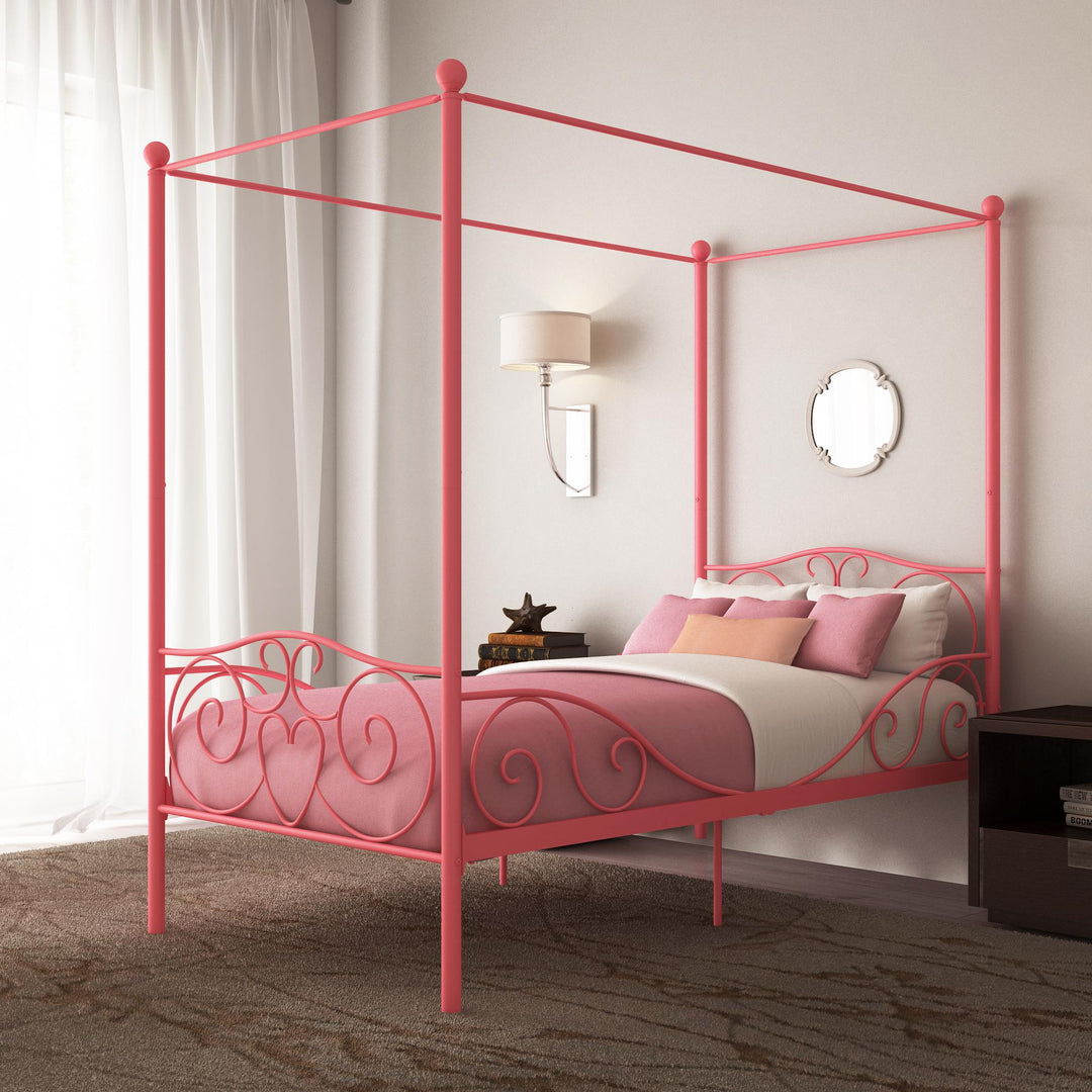 Canopy Metal Bed Frame with Intricate Design Headboard and Secured Slats - Pink - Twin