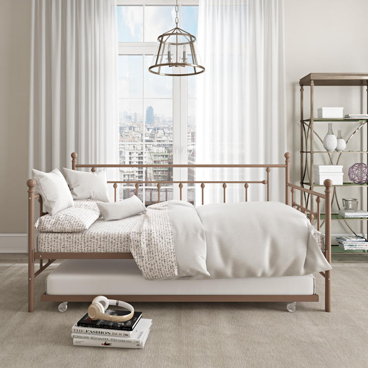 Manila Metal Daybed and Trundle Set with Sturdy Metal Frame and Slats - Millennial Pink - Twin
