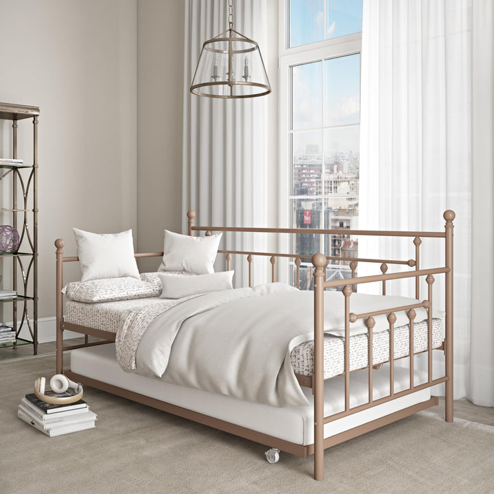 Manila Metal Daybed and Trundle Set with Sturdy Metal Frame and Slats - Millennial Pink - Twin