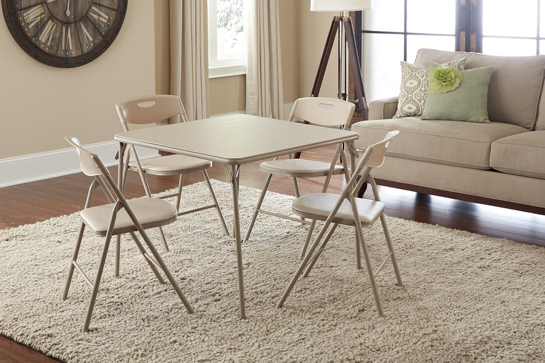 5 Piece Folding Dining Table and Chairs Set with Steel Frame and Vinyl Top - Antique Linen - 5 Piece