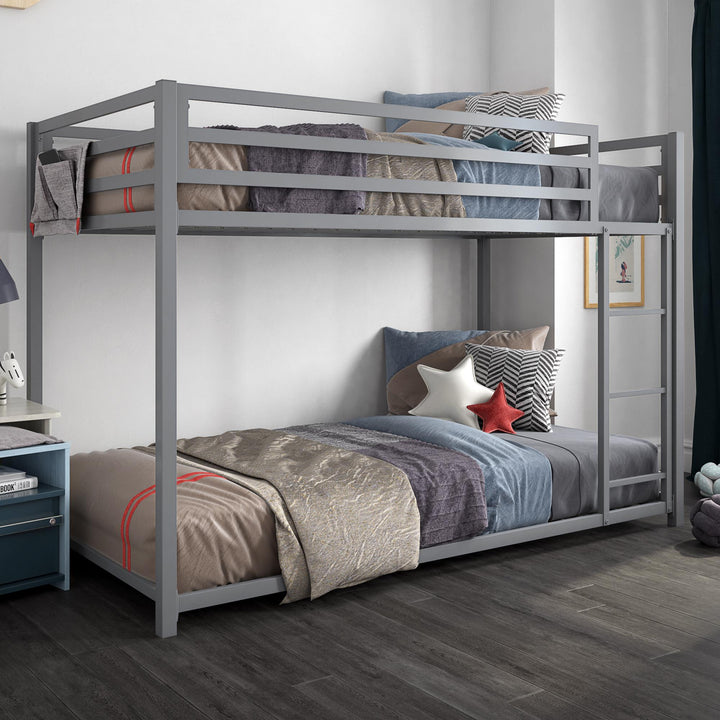 Stylish Twin Over Twin Metal Bunk Bed -  Silver  - Twin-Over-Twin