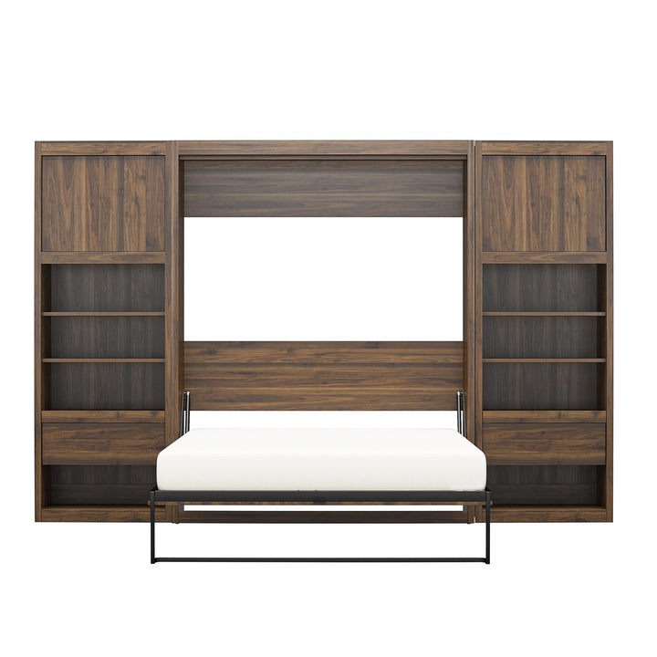 Paramount Murphy Bed Bundle with 2 Bedside Bookcase Cabinets & Slide-Out Nightstands - Columbia Walnut - Full