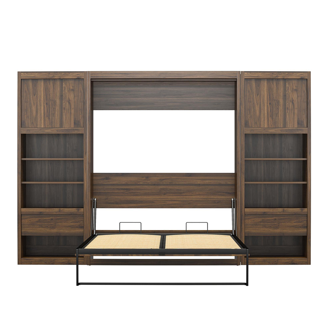 Paramount Murphy Bed Bundle with 2 Bedside Bookcase Cabinets & Slide-Out Nightstands - Columbia Walnut - Full