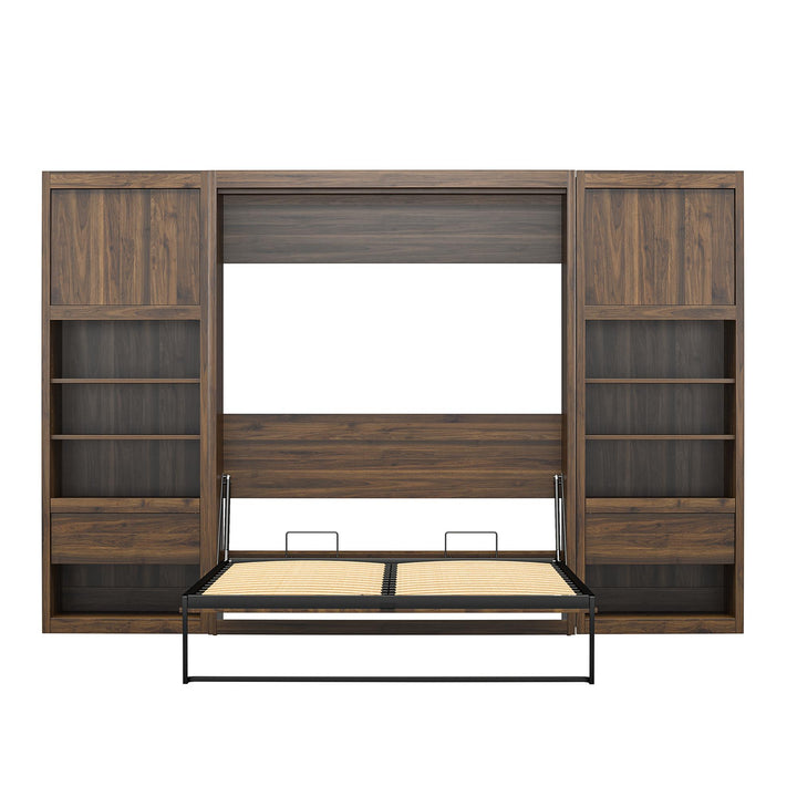 Paramount Murphy Bed Bundle with 2 Bedside Bookcase Cabinets & Slide-Out Nightstands - Columbia Walnut - Full