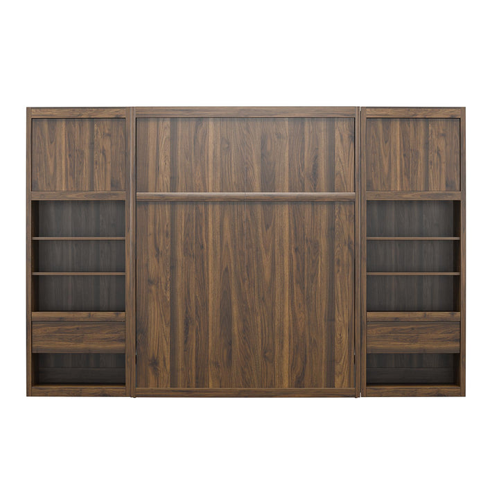 Paramount Murphy Bed Bundle with 2 Bedside Bookcase Cabinets & Slide-Out Nightstands - Columbia Walnut - Full