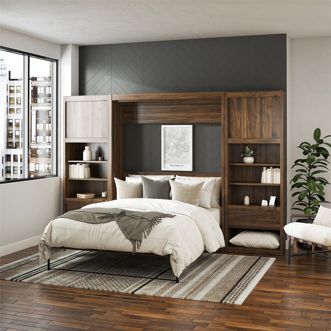 Paramount Murphy Bed Bundle with 2 Bedside Bookcase Cabinets & Slide-Out Nightstands - Columbia Walnut - Full