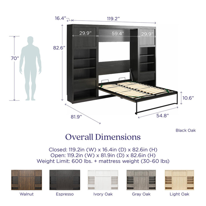 Paramount Murphy Bed Bundle with 2 Bedside Bookcase Cabinets & Slide-Out Nightstands - Columbia Walnut - Full