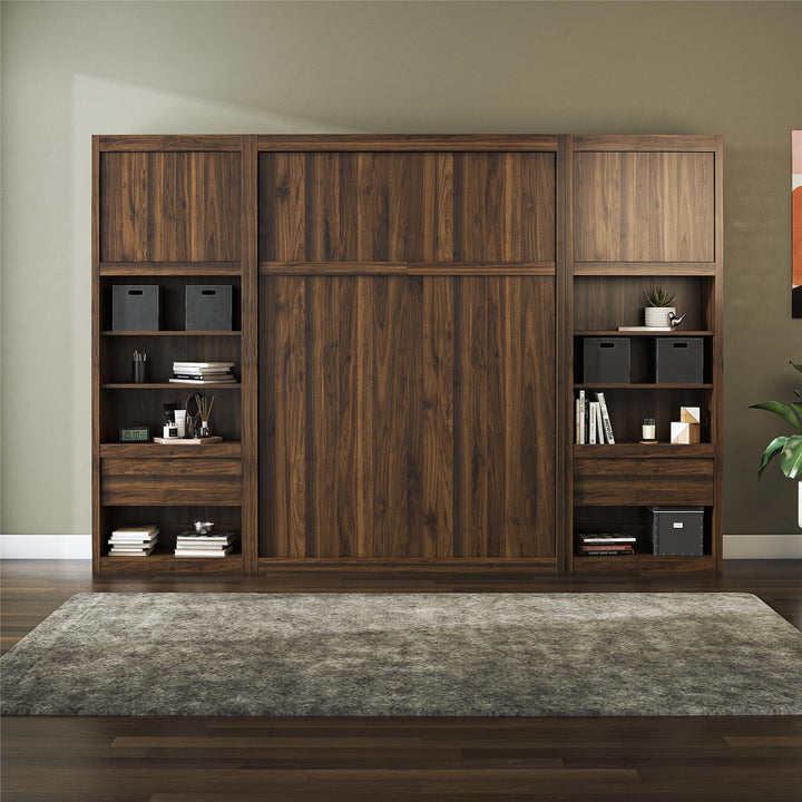 Paramount Murphy Bed Bundle with 2 Bedside Bookcase Cabinets & Slide-Out Nightstands - Columbia Walnut - Full