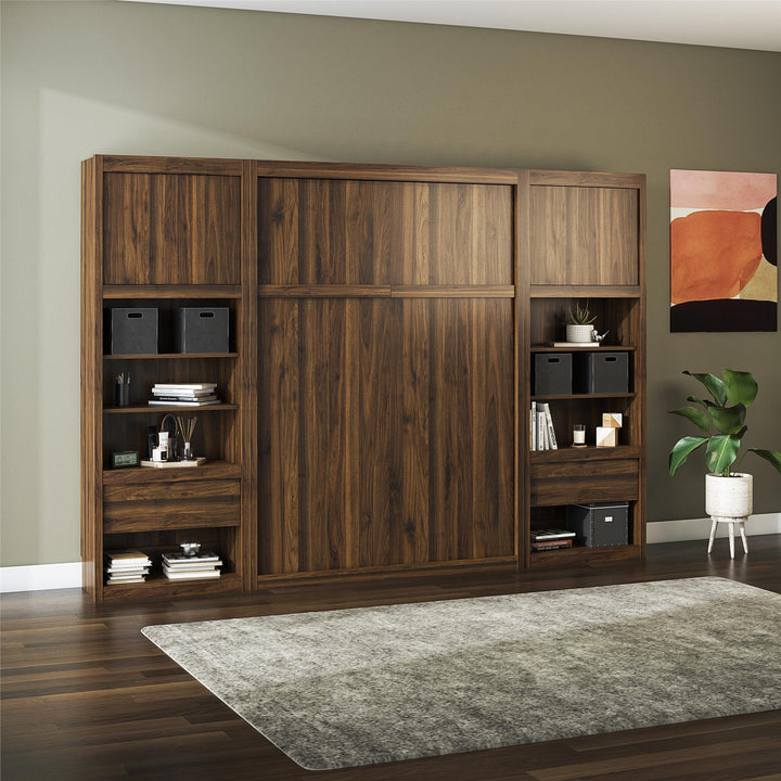 Paramount Murphy Bed Bundle with 2 Bedside Bookcase Cabinets & Slide-Out Nightstands - Columbia Walnut - Full