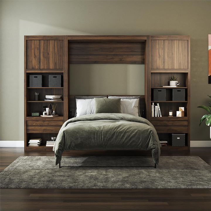 Paramount Murphy Bed Bundle with 2 Bedside Bookcase Cabinets & Slide-Out Nightstands - Columbia Walnut - Full