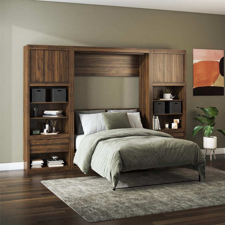 Paramount Murphy Bed Bundle with 2 Bedside Bookcase Cabinets & Slide-Out Nightstands - Columbia Walnut - Full