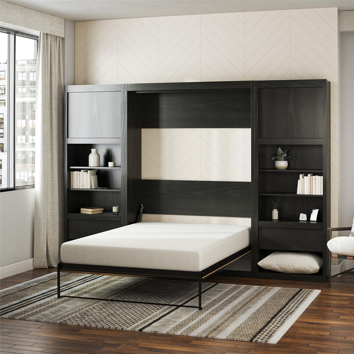 Paramount Murphy Bed Bundle with 2 Bedside Bookcase Cabinets & Slide-Out Nightstands - Black Oak - Full