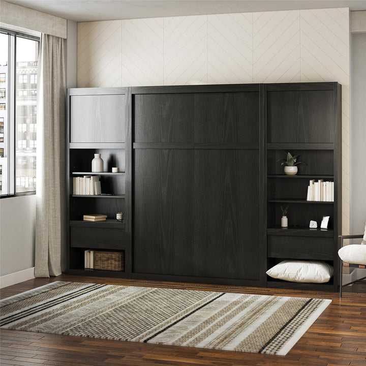 Paramount Murphy Bed Bundle with 2 Bedside Bookcase Cabinets & Slide-Out Nightstands - Black Oak - Full