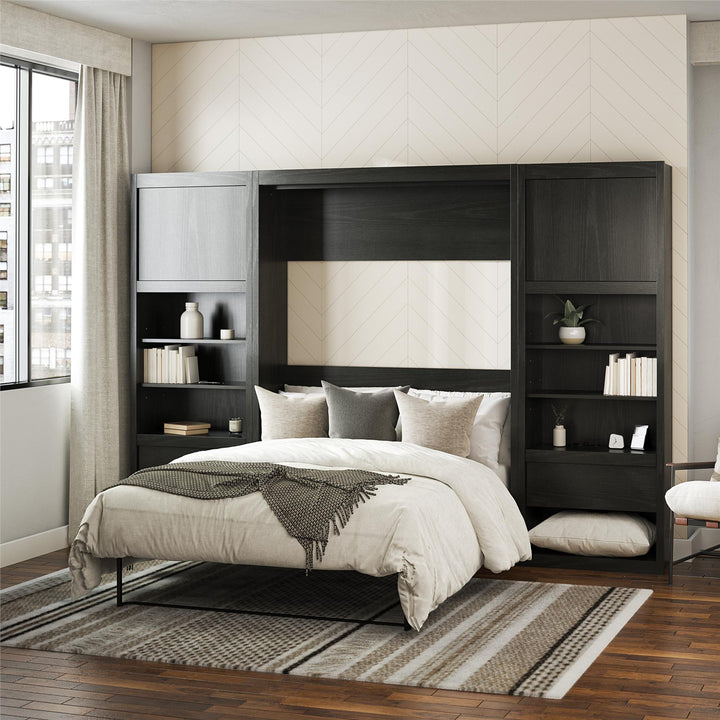 Paramount Murphy Bed Bundle with 2 Bedside Bookcase Cabinets & Slide-Out Nightstands - Black Oak - Full