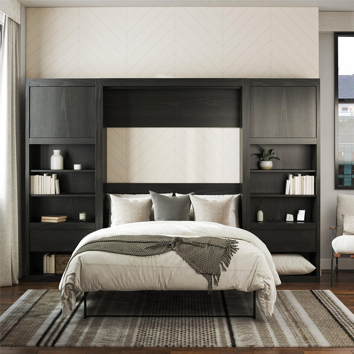 Paramount Murphy Bed Bundle with 2 Bedside Bookcase Cabinets & Slide-Out Nightstands - Black Oak - Full