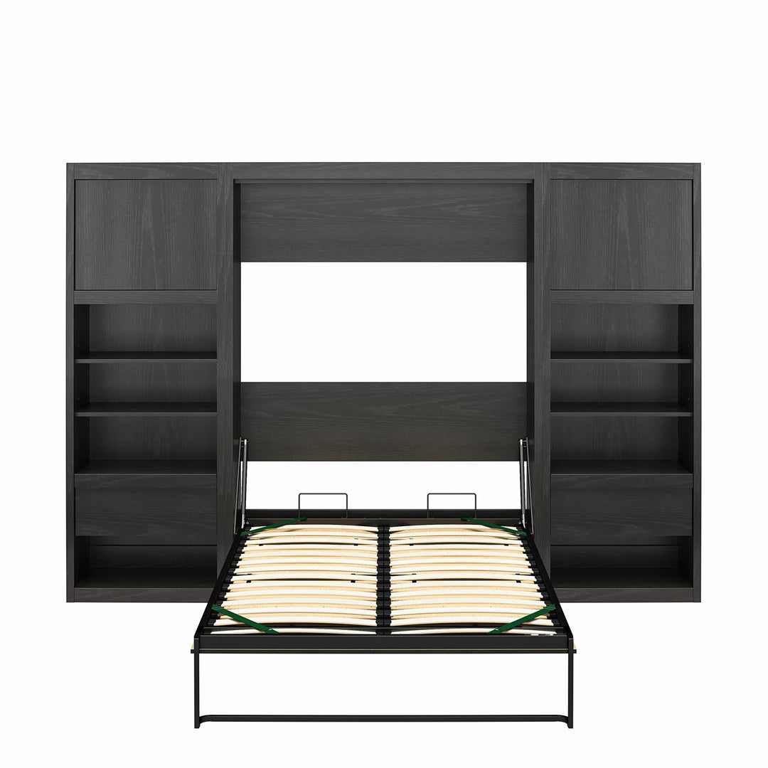 Paramount Murphy Bed Bundle with 2 Bedside Bookcase Cabinets & Slide-Out Nightstands - Black Oak - Full