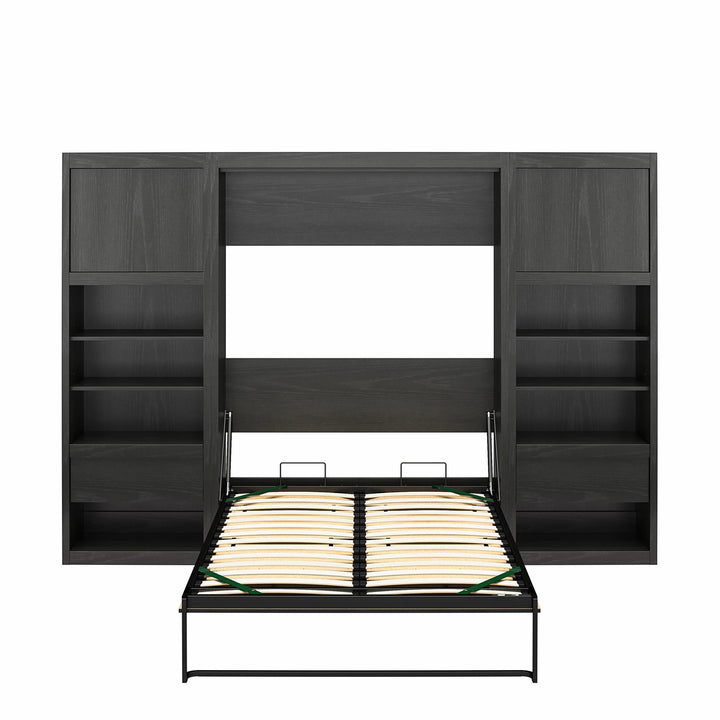 Paramount Murphy Bed Bundle with 2 Bedside Bookcase Cabinets & Slide-Out Nightstands - Black Oak - Full
