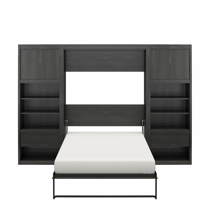 Paramount Murphy Bed Bundle with 2 Bedside Bookcase Cabinets & Slide-Out Nightstands - Black Oak - Full