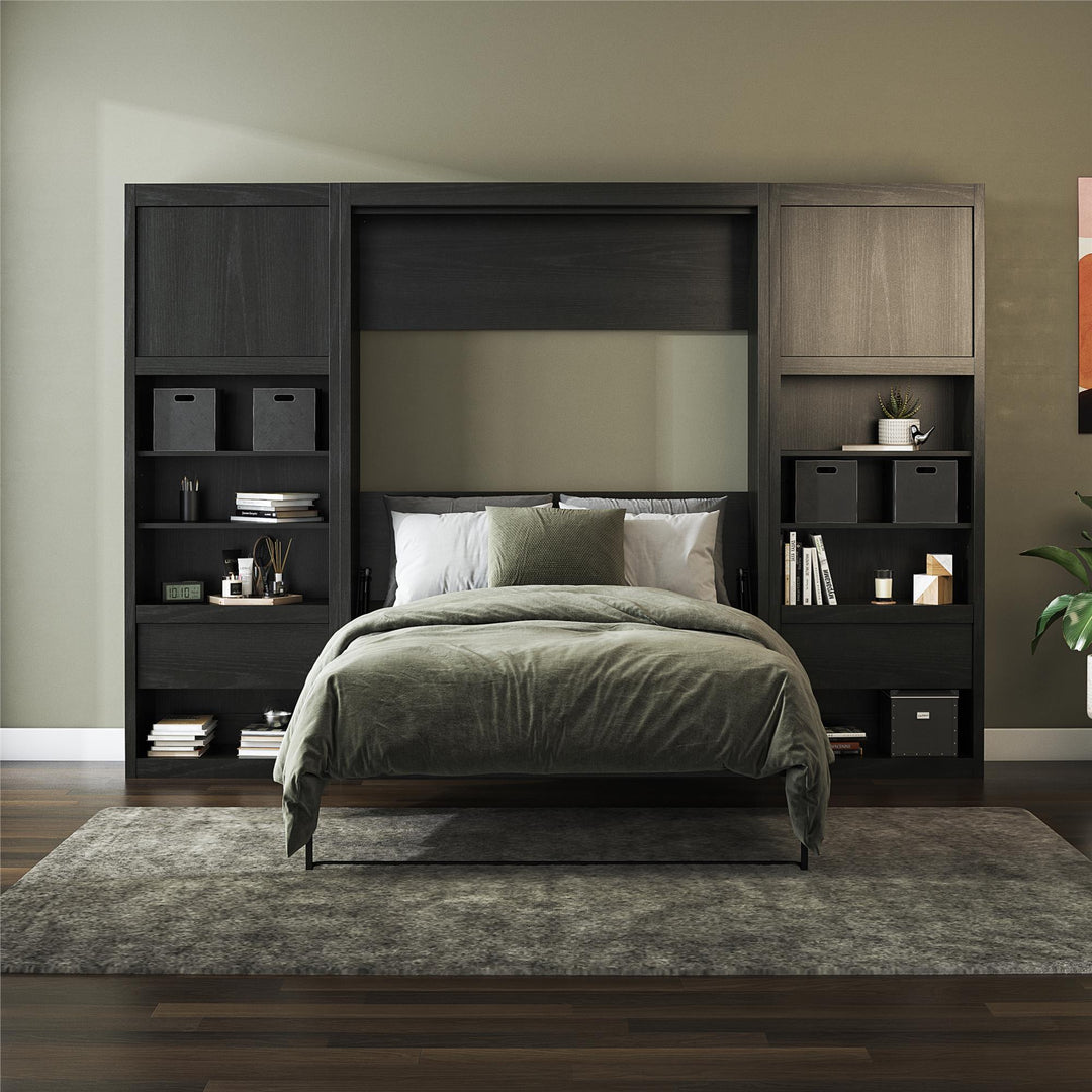 Paramount Murphy Bed Bundle with 2 Bedside Bookcase Cabinets & Slide-Out Nightstands - Black Oak - Full