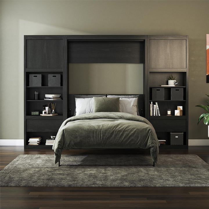 Paramount Murphy Bed Bundle with 2 Bedside Bookcase Cabinets & Slide-Out Nightstands - Black Oak - Full