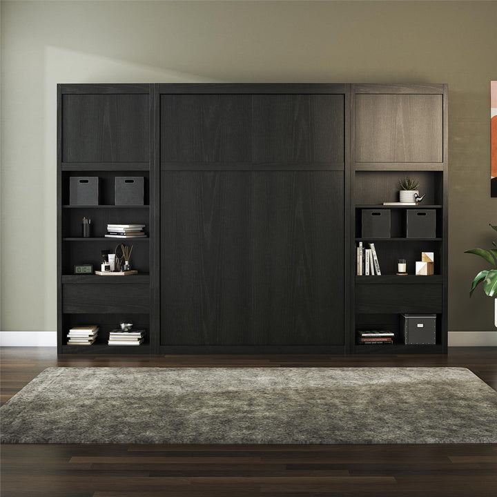 Paramount Murphy Bed Bundle with 2 Bedside Bookcase Cabinets & Slide-Out Nightstands - Black Oak - Full