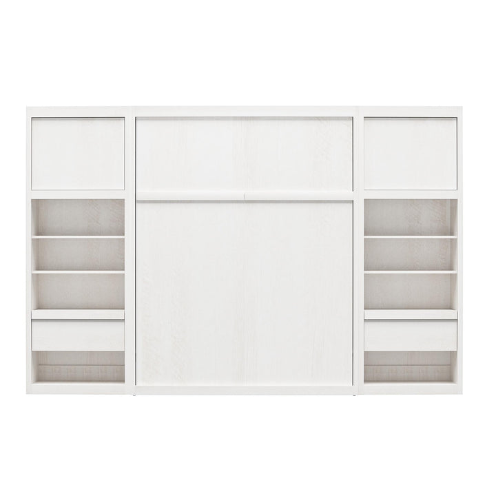 Paramount Murphy Bed Bundle with 2 Bedside Bookcase Cabinets & Slide-Out Nightstands - Ivory Oak - Full