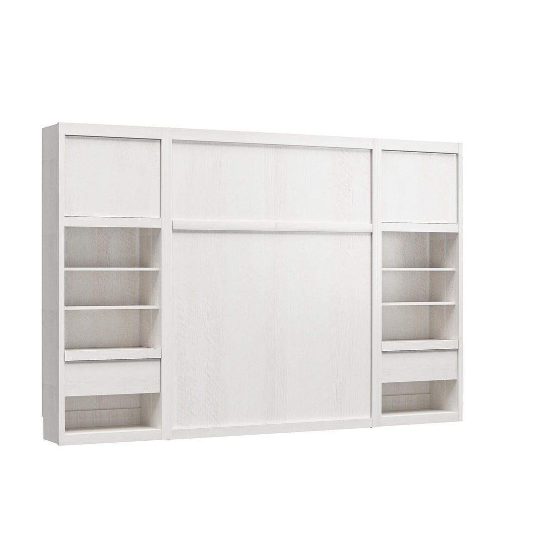 Paramount Murphy Bed Bundle with 2 Bedside Bookcase Cabinets & Slide-Out Nightstands - Ivory Oak - Full