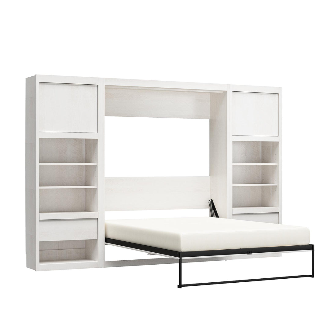 Paramount Murphy Bed Bundle with 2 Bedside Bookcase Cabinets & Slide-Out Nightstands - Ivory Oak - Full
