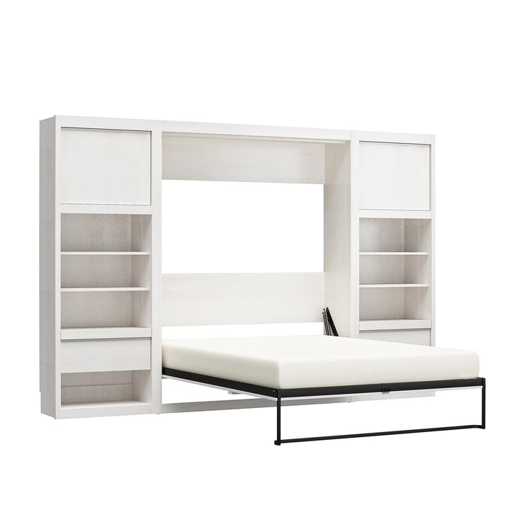 Paramount Murphy Bed Bundle with 2 Bedside Bookcase Cabinets & Slide-Out Nightstands - Ivory Oak - Full