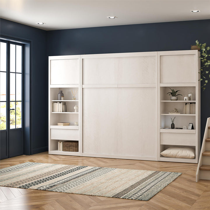 Paramount Murphy Bed Bundle with 2 Bedside Bookcase Cabinets & Slide-Out Nightstands - Ivory Oak - Full