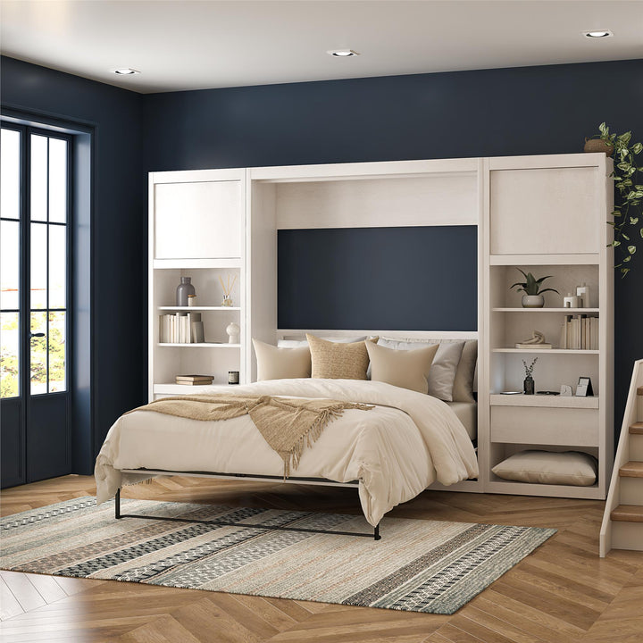 Paramount Murphy Bed Bundle with 2 Bedside Bookcase Cabinets & Slide-Out Nightstands - Ivory Oak - Full