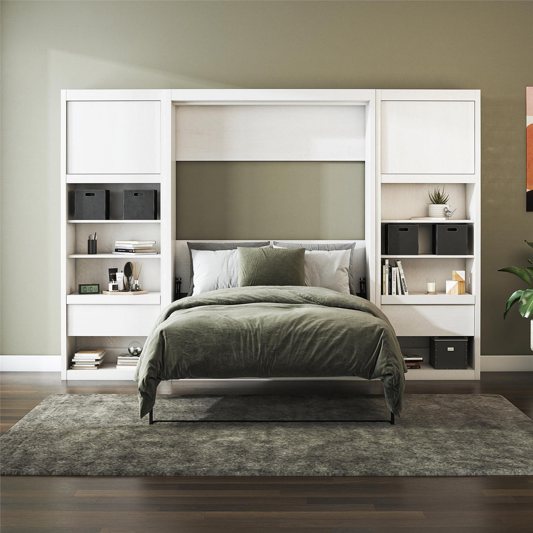 Paramount Murphy Bed Bundle with 2 Bedside Bookcase Cabinets & Slide-Out Nightstands - Ivory Oak - Full