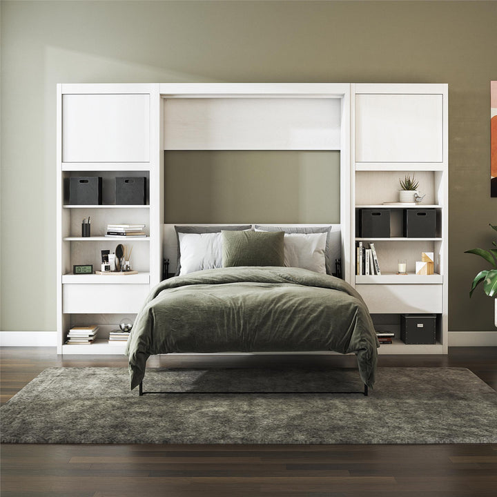 Paramount Murphy Bed Bundle with 2 Bedside Bookcase Cabinets & Slide-Out Nightstands - Ivory Oak - Full