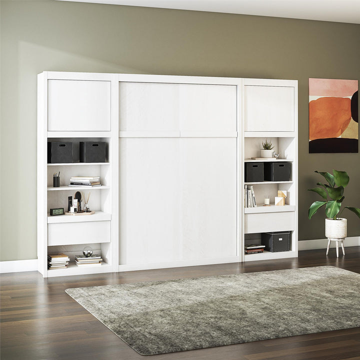Paramount Murphy Bed Bundle with 2 Bedside Bookcase Cabinets & Slide-Out Nightstands - Ivory Oak - Full