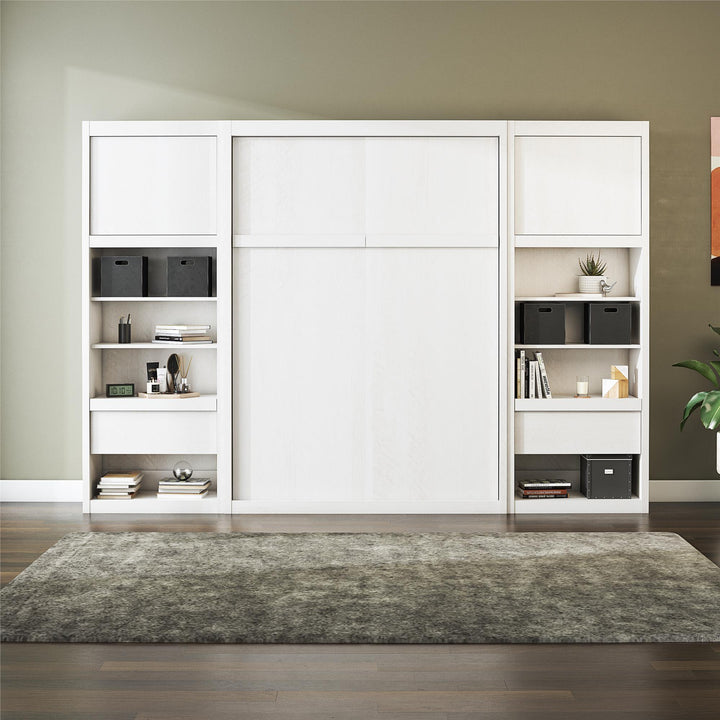 Paramount Murphy Bed Bundle with 2 Bedside Bookcase Cabinets & Slide-Out Nightstands - Ivory Oak - Full
