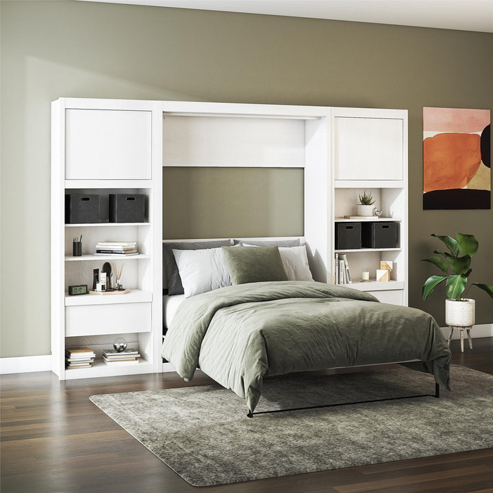 Paramount Murphy Bed Bundle with 2 Bedside Bookcase Cabinets & Slide-Out Nightstands - Ivory Oak - Full