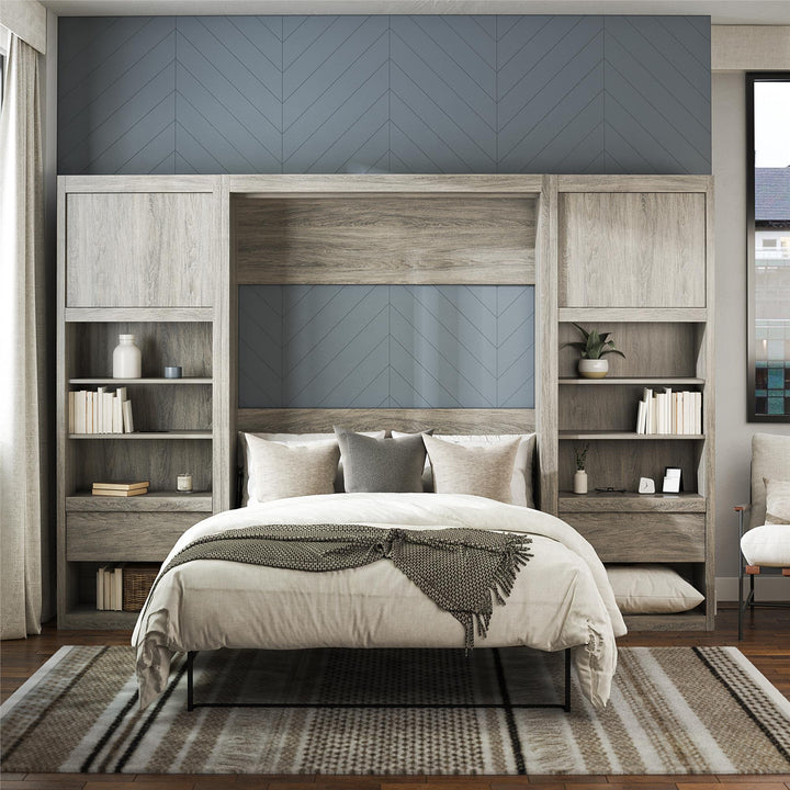 Paramount Murphy Bed Bundle with 2 Bedside Bookcase Cabinets & Slide-Out Nightstands - Gray Oak - Full