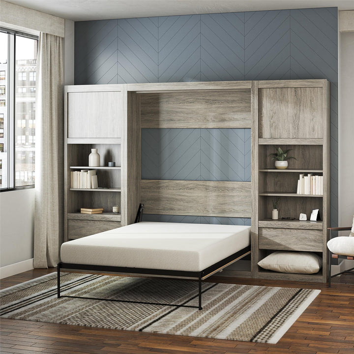 Paramount Murphy Bed Bundle with 2 Bedside Bookcase Cabinets & Slide-Out Nightstands - Gray Oak - Full