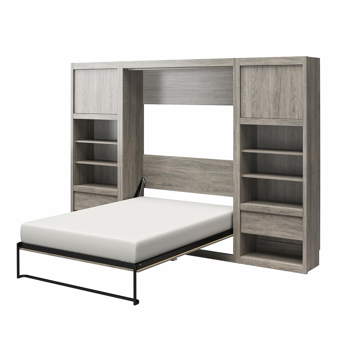 Paramount Murphy Bed Bundle with 2 Bedside Bookcase Cabinets & Slide-Out Nightstands - Gray Oak - Full