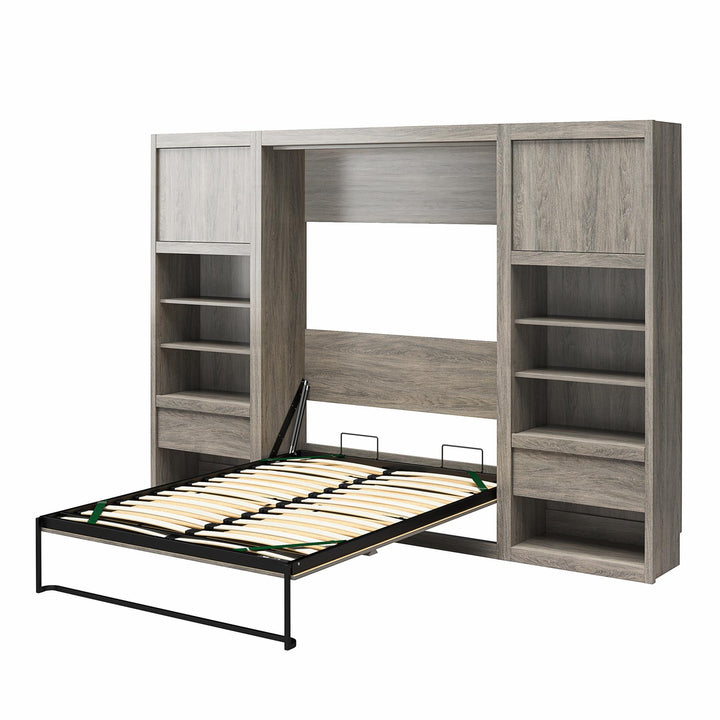 Paramount Murphy Bed Bundle with 2 Bedside Bookcase Cabinets & Slide-Out Nightstands - Gray Oak - Full