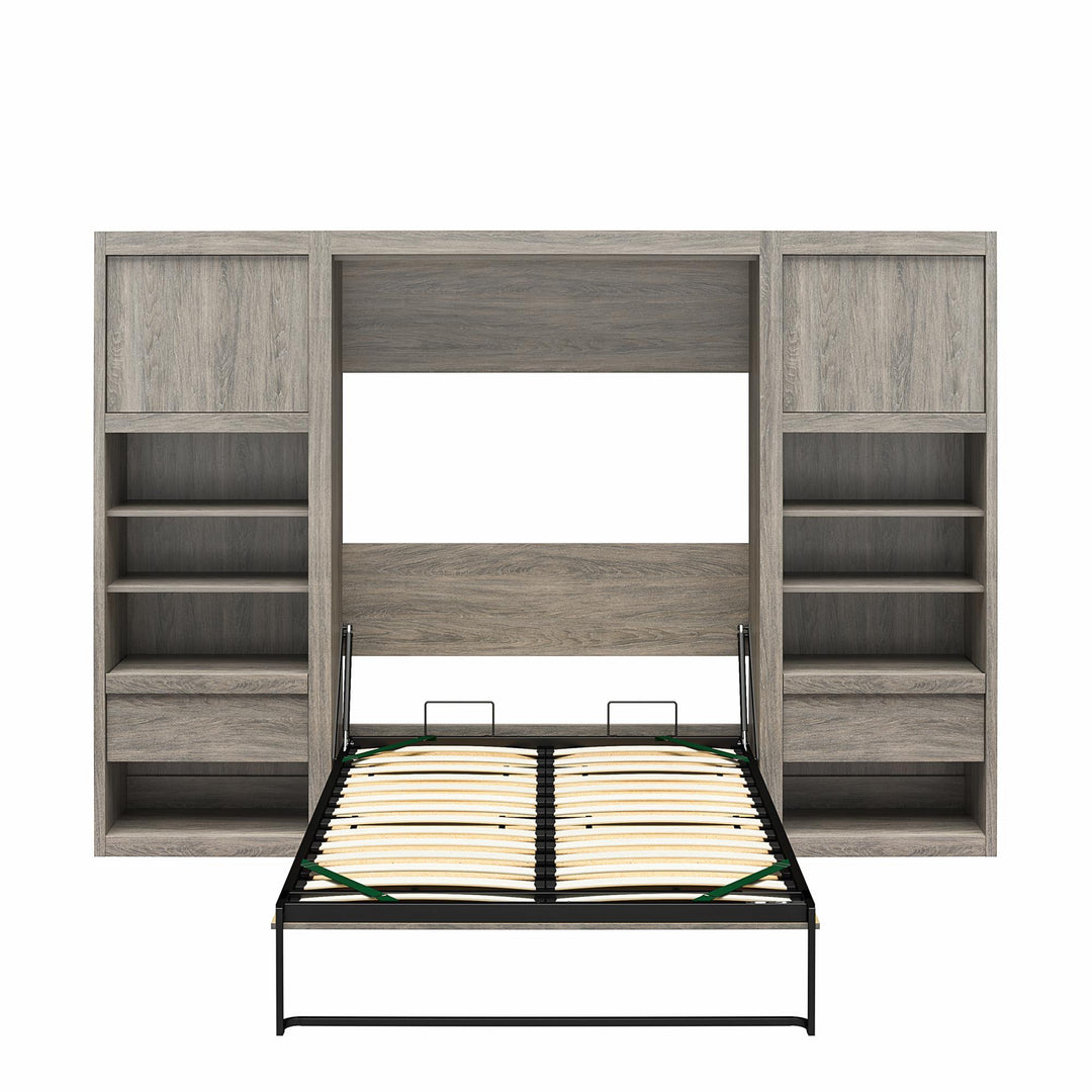 Paramount Murphy Bed Bundle with 2 Bedside Bookcase Cabinets & Slide-Out Nightstands - Gray Oak - Full