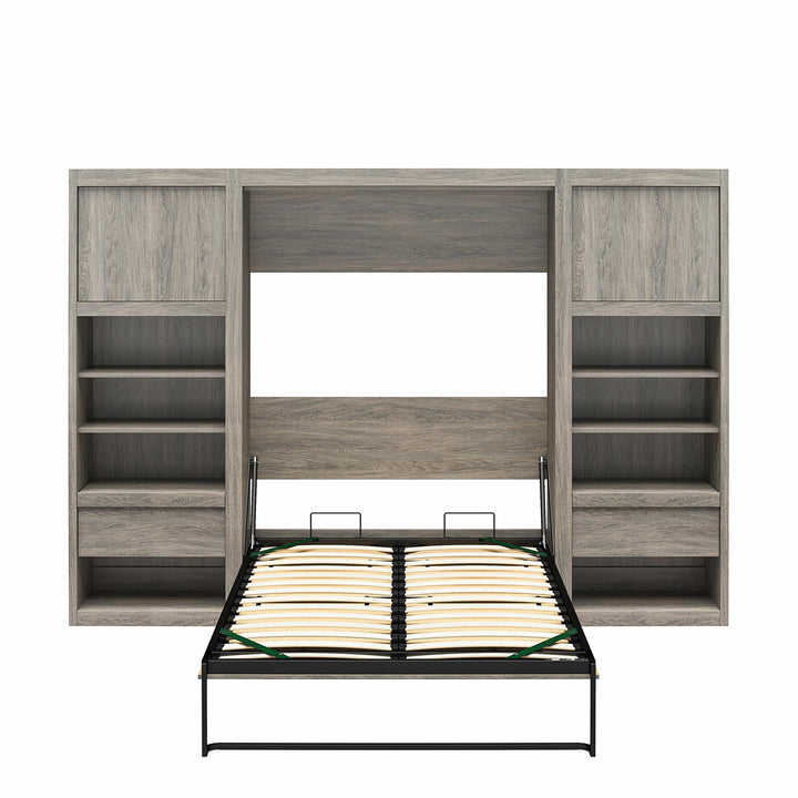 Paramount Murphy Bed Bundle with 2 Bedside Bookcase Cabinets & Slide-Out Nightstands - Gray Oak - Full